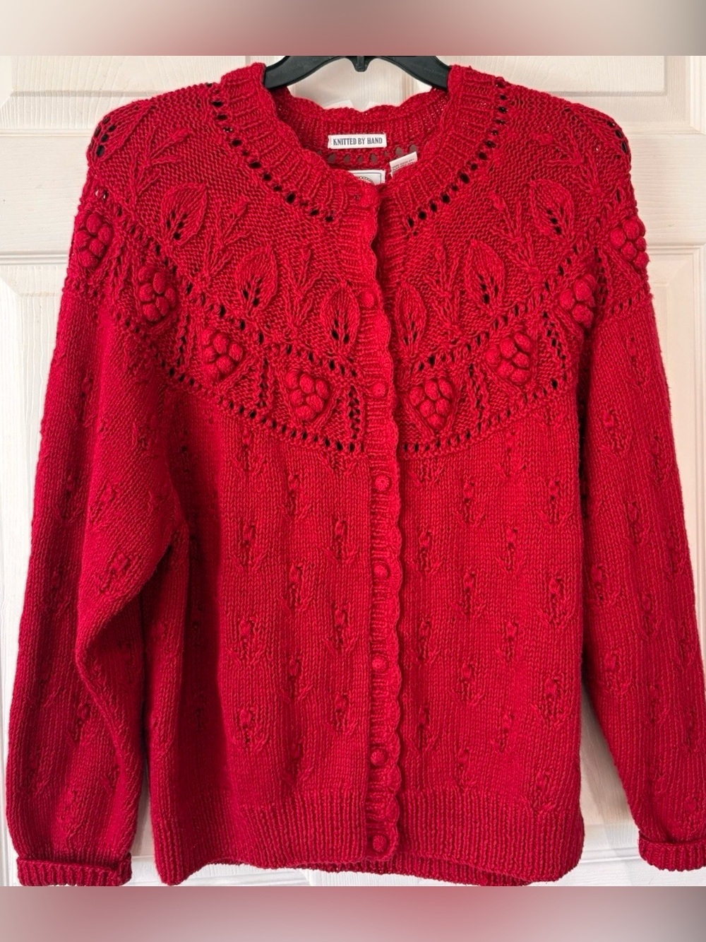Cape Isle Knitters Hand Knit Red Bobble Popcorn Button Up Cardigan Sweater Sz XL